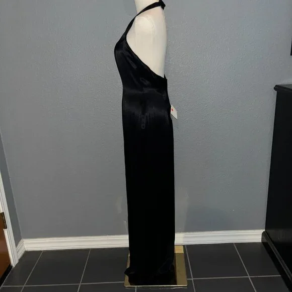 VINTAGE NADINE BLACK SATIN BACKLESS HALTER MAXI GOWN POCKETS Made in USA NWT - 9 - Picture 6 of 14